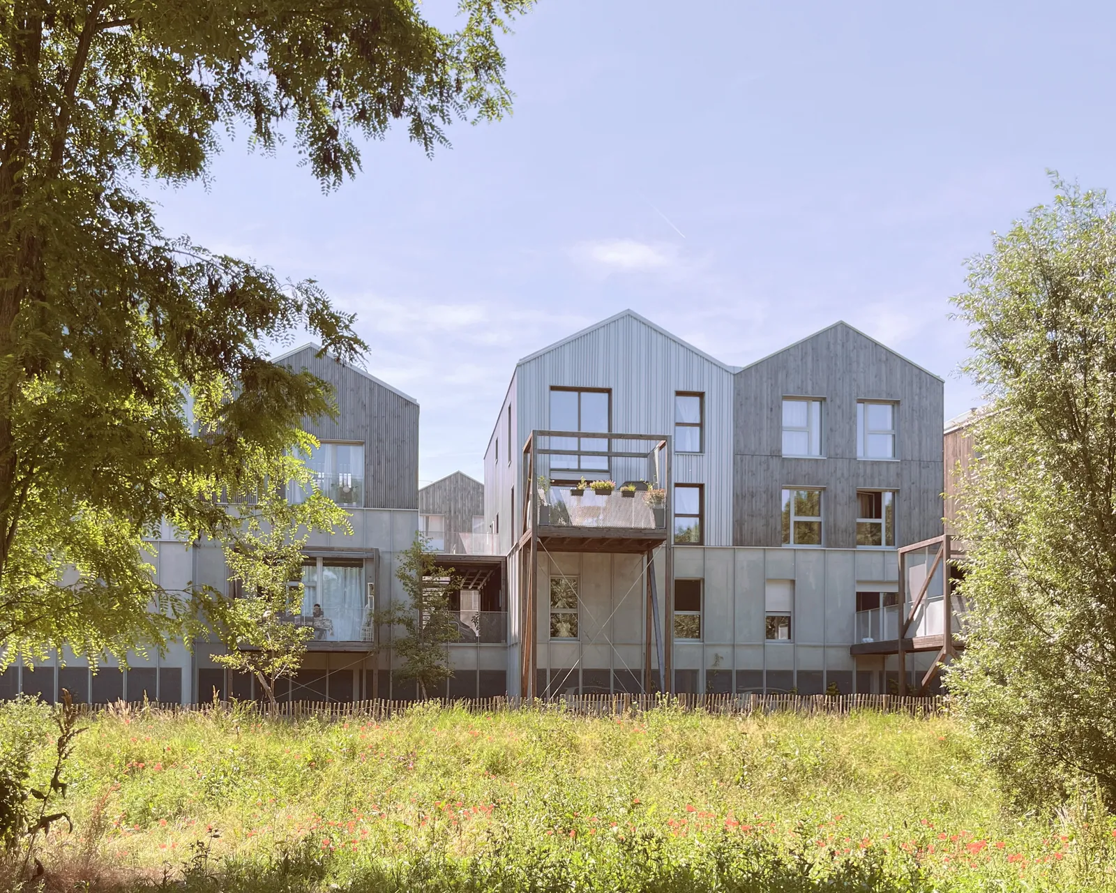 Façade sur le parc : volumes bardés de bois et de zinc, terrasses-cabanes suspendues sur poteaux bois, arbres et prairie au premier plan.