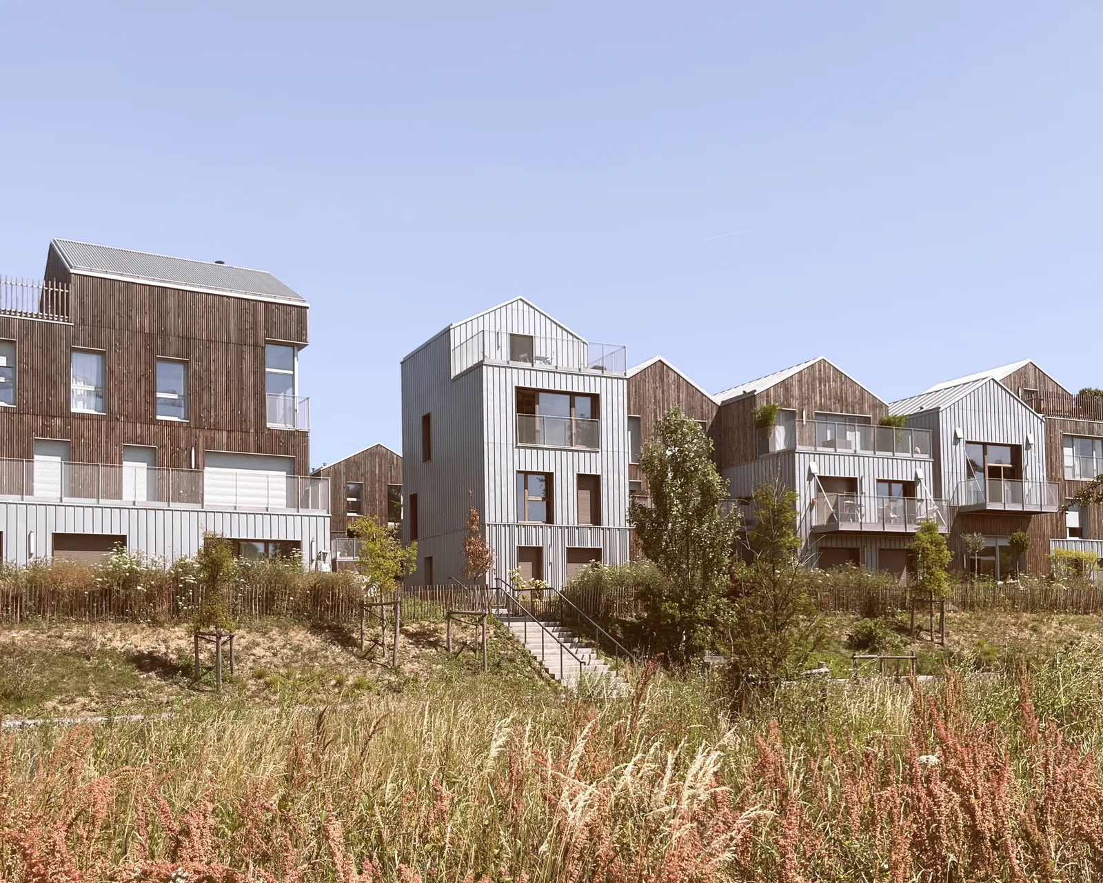 Belle-Île-en-Marne : file de volumes bois et zinc à toitures à deux pentes, en lisière du parc de la Marne.